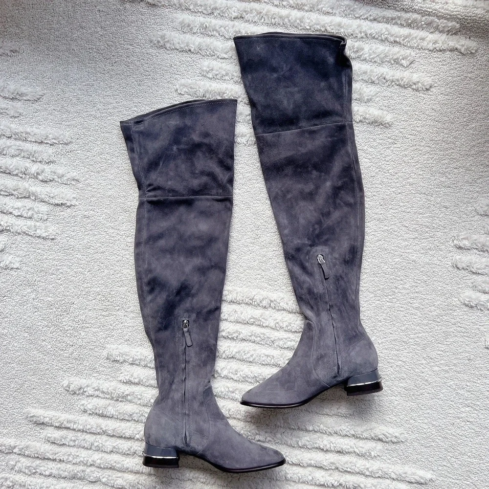 Tory Burch MULTI LOGO STRETCH Over The Knee Boots OTK Gray Suede Low Heel US 7.5